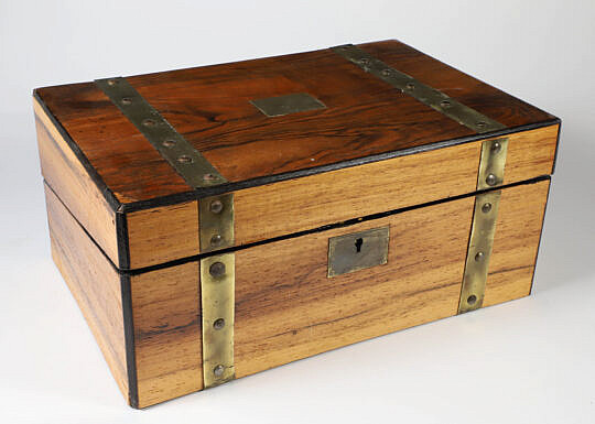 English Mahogany Brass Strapped Lap Desk, 19th Century