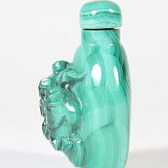 Chinese Malachite Glass “Laughing Buddha Atop a Carp” Snuff Bottle, Qing Dynasty