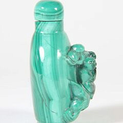 Chinese Malachite Glass “Laughing Buddha Atop a Carp” Snuff Bottle, Qing Dynasty