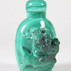 Chinese Malachite Glass “Laughing Buddha Atop a Carp” Snuff Bottle, Qing Dynasty