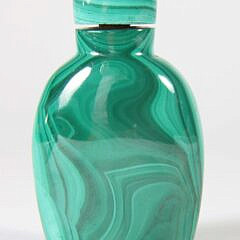 Chinese Malachite Glass “Laughing Buddha Atop a Carp” Snuff Bottle, Qing Dynasty