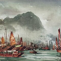Vintage 1930s Kam Cheong Ling (1911-1991) Watercolor View of Hong Kong Harbor