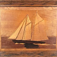 Antique Nautical Tropical Wood Inlaid Schooner Ship Plaque