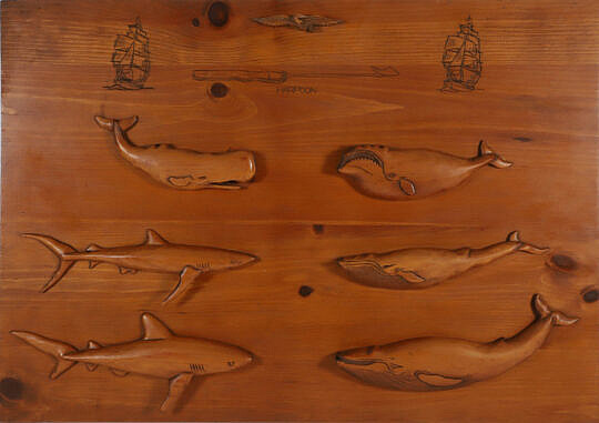 J.Harrop Signed Carved Wood Plaque Depicting Four Whales and Two Shark Half-Bodies Mounted to a Panel