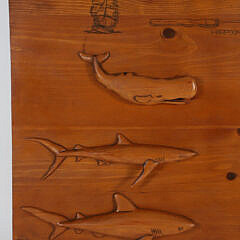 J.Harrop Signed Carved Wood Plaque Depicting Four Whales and Two Shark Half-Bodies Mounted to a Panel