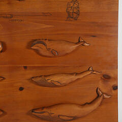 J.Harrop Signed Carved Wood Plaque Depicting Four Whales and Two Shark Half-Bodies Mounted to a Panel