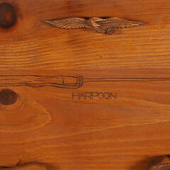 J.Harrop Signed Carved Wood Plaque Depicting Four Whales and Two Shark Half-Bodies Mounted to a Panel