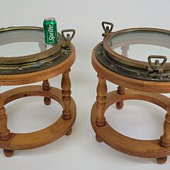 Pair of Fine Bronze & Teak Nautical Ships Yacht Porthole Window End Tables