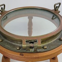 Pair of Fine Bronze & Teak Nautical Ships Yacht Porthole Window End Tables