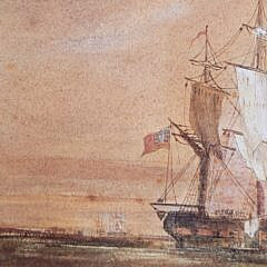 Antique 19th C. Watercolor View of an American Whaleship