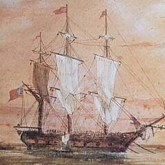 Antique 19th C. Watercolor View of an American Whaleship