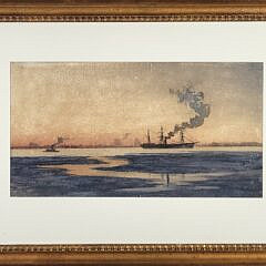19th C. Watercolor View of Shipping in Boston Harbor