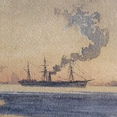 19th C. Watercolor View of Shipping in Boston Harbor