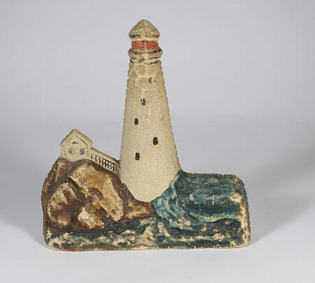 Painted Cast Composition Lighthouse Doorstop, early 20th Century