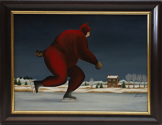 Lowell Herrero Oil on Canvas "Ice Skating on Miacomet Pond", circa 1991