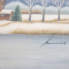 Lowell Herrero Oil on Canvas “Ice Skating on Miacomet Pond”, circa 1991