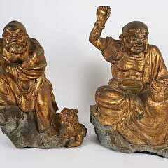 Pair of Gilded Chinese Lohan Carved Stone Temple Guardian Figures, 19th Century