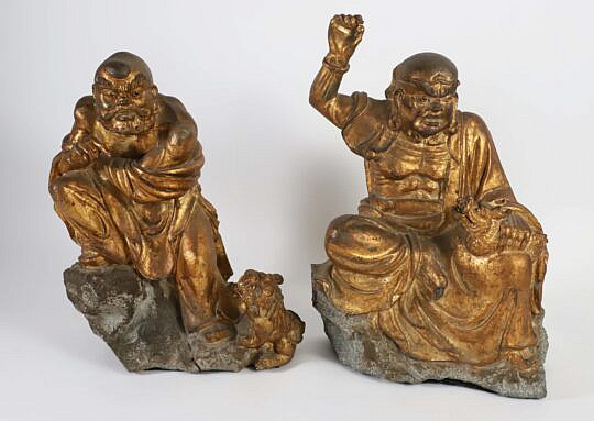 Pair of Gilded Chinese Lohan Carved Stone Temple Guardian Figures, 19th Century