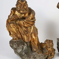 Pair of Gilded Chinese Lohan Carved Stone Temple Guardian Figures, 19th Century