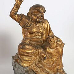 Pair of Gilded Chinese Lohan Carved Stone Temple Guardian Figures, 19th Century