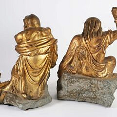 Pair of Gilded Chinese Lohan Carved Stone Temple Guardian Figures, 19th Century