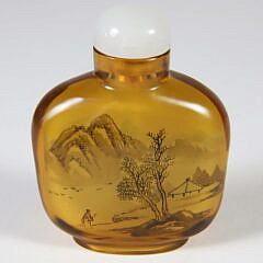 Chinese Inside Painted Amber Glass Snuff Bottle, Qing Dynasty
