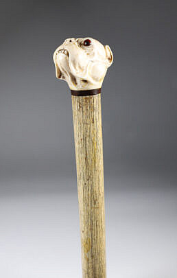 Large Carved Dog Head Walking Stick, 19th Century