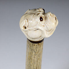 Large Carved Dog Head Walking Stick, 19th Century