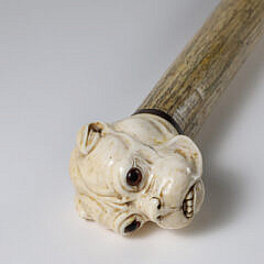 Large Carved Dog Head Walking Stick, 19th Century