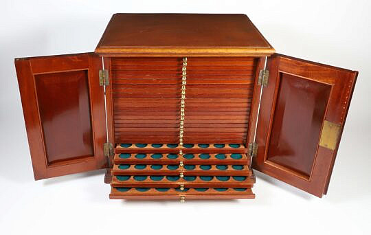 Antique English Edwardian Mahogany Coin Collectors Cabinet