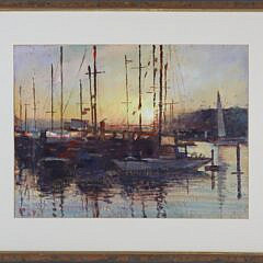 Vintage Impressionist Oil on Canvas "Sunrise Over the Harbor", 20th Century