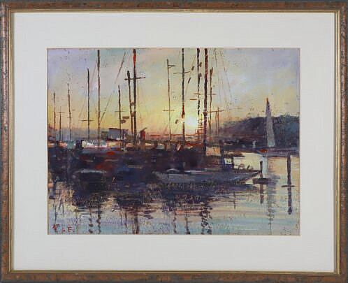Vintage Impressionist Oil on Canvas "Sunrise Over the Harbor", 20th Century