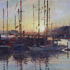 Vintage Impressionist Oil on Canvas “Sunrise Over the Harbor”, 20th Century