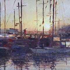 Vintage Impressionist Oil on Canvas “Sunrise Over the Harbor”, 20th Century