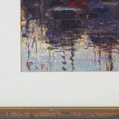 Vintage Impressionist Oil on Canvas “Sunrise Over the Harbor”, 20th Century