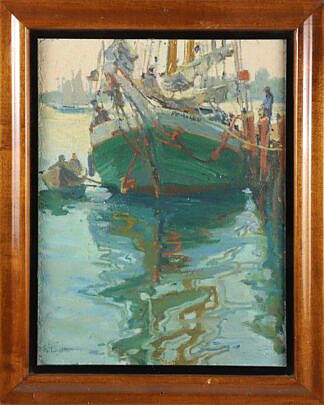 Ruth Haviland Sutton Oil on Artist Board "Green Hulled Fishing Boat Docked in Nantucket"