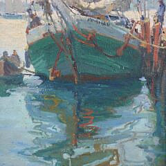 Ruth Haviland Sutton Oil on Artist Board “Green Hulled Fishing Boat Docked in Nantucket”