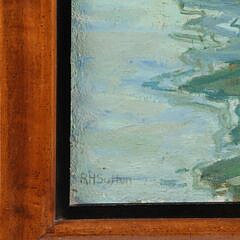 Ruth Haviland Sutton Oil on Artist Board “Green Hulled Fishing Boat Docked in Nantucket”