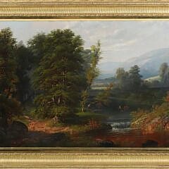 Henry Boese (New York 1824-1863) Oil on Canvas "Hudson River Landscape with Canoeers by Shallow Waterfall"