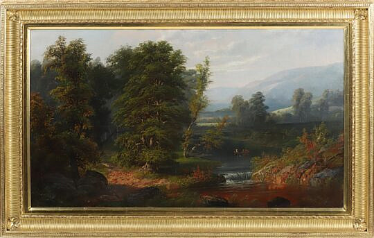 Henry Boese (New York 1824-1863) Oil on Canvas "Hudson River Landscape with Canoeers by Shallow Waterfall"