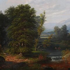 Henry Boese Oil on Canvas “Hudson River Landscape with Canoeers by Shallow Waterfall”