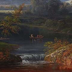 Henry Boese Oil on Canvas “Hudson River Landscape with Canoeers by Shallow Waterfall”