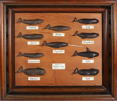 Fine Charlie Sayle Sr. Carved Wood Ten-Whale Species Plaque
