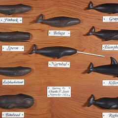 Fine Charlie Sayle Sr. Carved Wood Ten-Whale Species Plaque