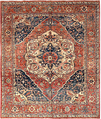 Coral Red Aryana Collection Serapi Heriz Oriental Rug with Large Medallion Design