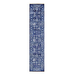 Blue and Ivory Tone on Tone Hand Knotted Wool and Silk Oriental Carpet Runner