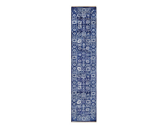 Blue and Ivory Tone on Tone Hand Knotted Wool and Silk Oriental Carpet Runner
