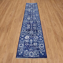 Blue and Ivory Tone on Tone Hand Knotted Wool and Silk Oriental Carpet Runner