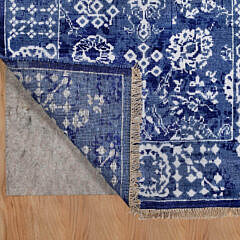 Blue and Ivory Tone on Tone Hand Knotted Wool and Silk Oriental Carpet Runner