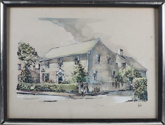 Warren Krebs "Nantucket Street Scene" Mixed Media on Paper